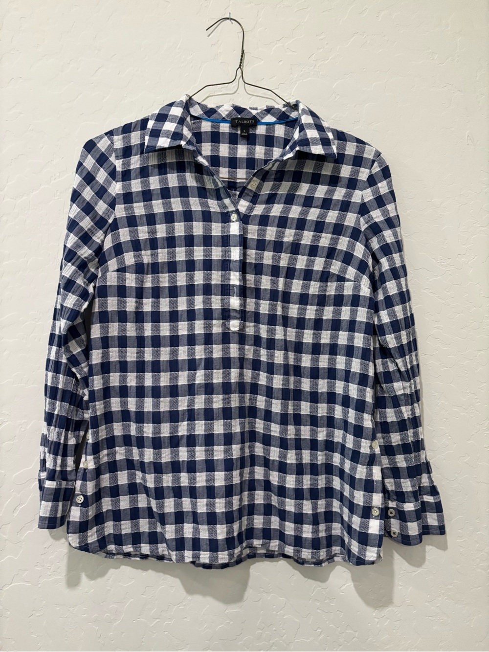Talbots Navy and White Gingham Button-Front Shirt